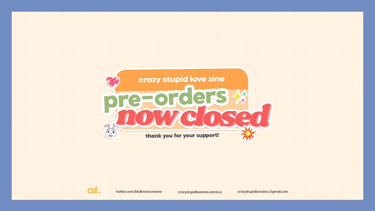 bkdkromcomzine's tweet photo. ๐งก๐ It's crazy, a little stupid, but it's all love! Our Pre-orders are now officially closed. We would like to thank everyone for your support! We're excited to bring this zine to life as we move to our production.
#csl #bkdk #crazystupidlovezine https://t.co/ERDp8cGqxV