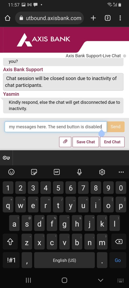 Dev79144504's tweet photo. @AxisBank The worst bank I have ever dealt with in my life. It's been a chronic issues from last 4 years.Proved multiple times in all these years. Pathetic Customer support services .I have been trying to chat with your support center and the SEND button on chat page doesn't work. https://t.co/qfDsyI620x