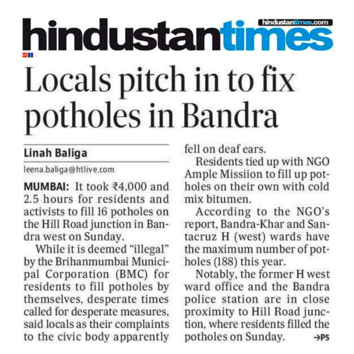 PotholeWarriors's tweet photo. Read @htTweets today 1aug 202
Article of #Pothole filling drive by citizens group 

#AmpleMission #PotholeWarriors 

#PotholesFreeMumbai #RoadSafety https://t.co/HXZ9Qp6Emj