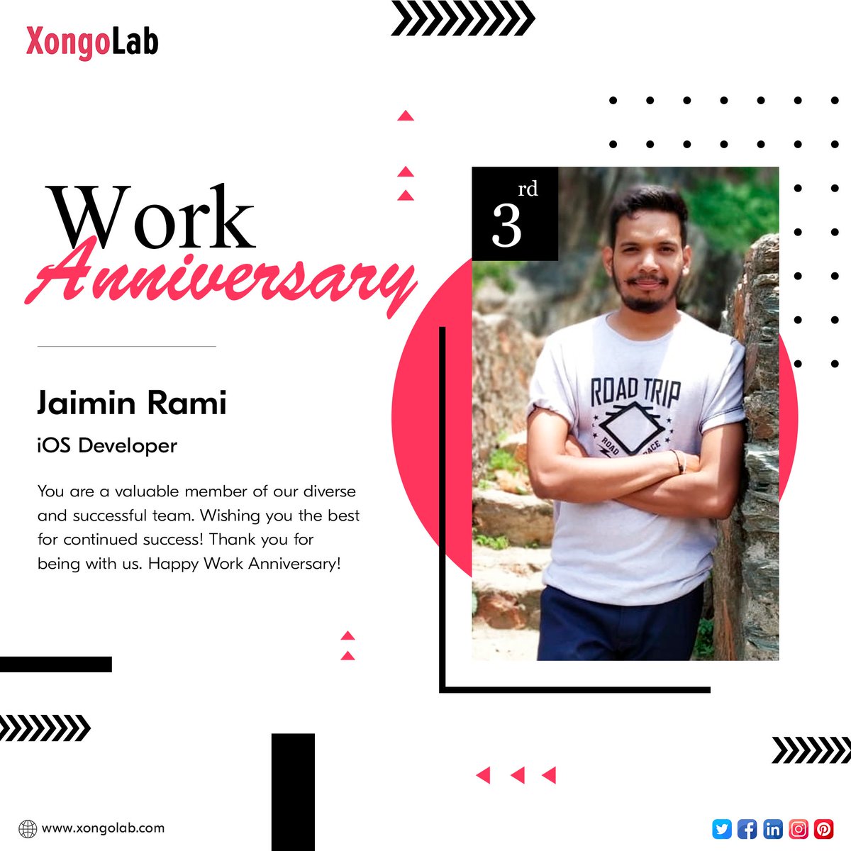 XongoLab's tweet photo. Congratulations Jaimin Rami on your 3rd Work Anniversary with #XongoLab. We are so proud to have you as part of our work family! Thank you for being with us &amp; keep up the great work! We appreciate all of your hard work!

#workanniversary #3rdworkanniversary #lifeatxongolab https://t.co/sQv5DSASSS