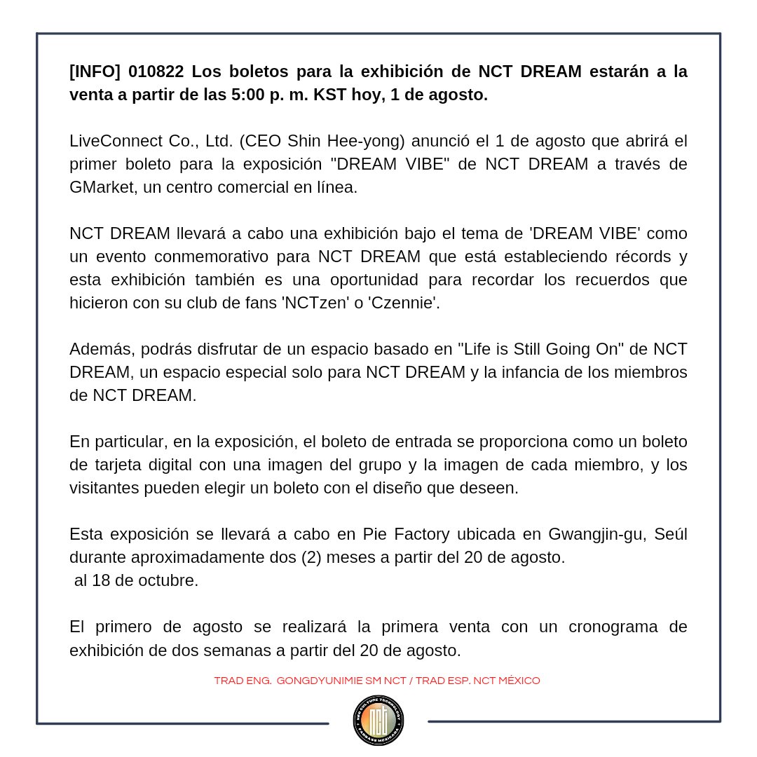 sm_nctmx's tweet photo. [INFO] 010822 #NCTDREAM llevará a cabo una exhibición bajo el tema de 'DREAM VIBE' del 20 de agosto al 18 de octubre. El 1 de agosto a las 5:00 PM KST, se realizará la primera venta de boletos con un programa de exhibición de dos semanas a partir del 20 de agosto. https://t.co/NP42dEwH1w
