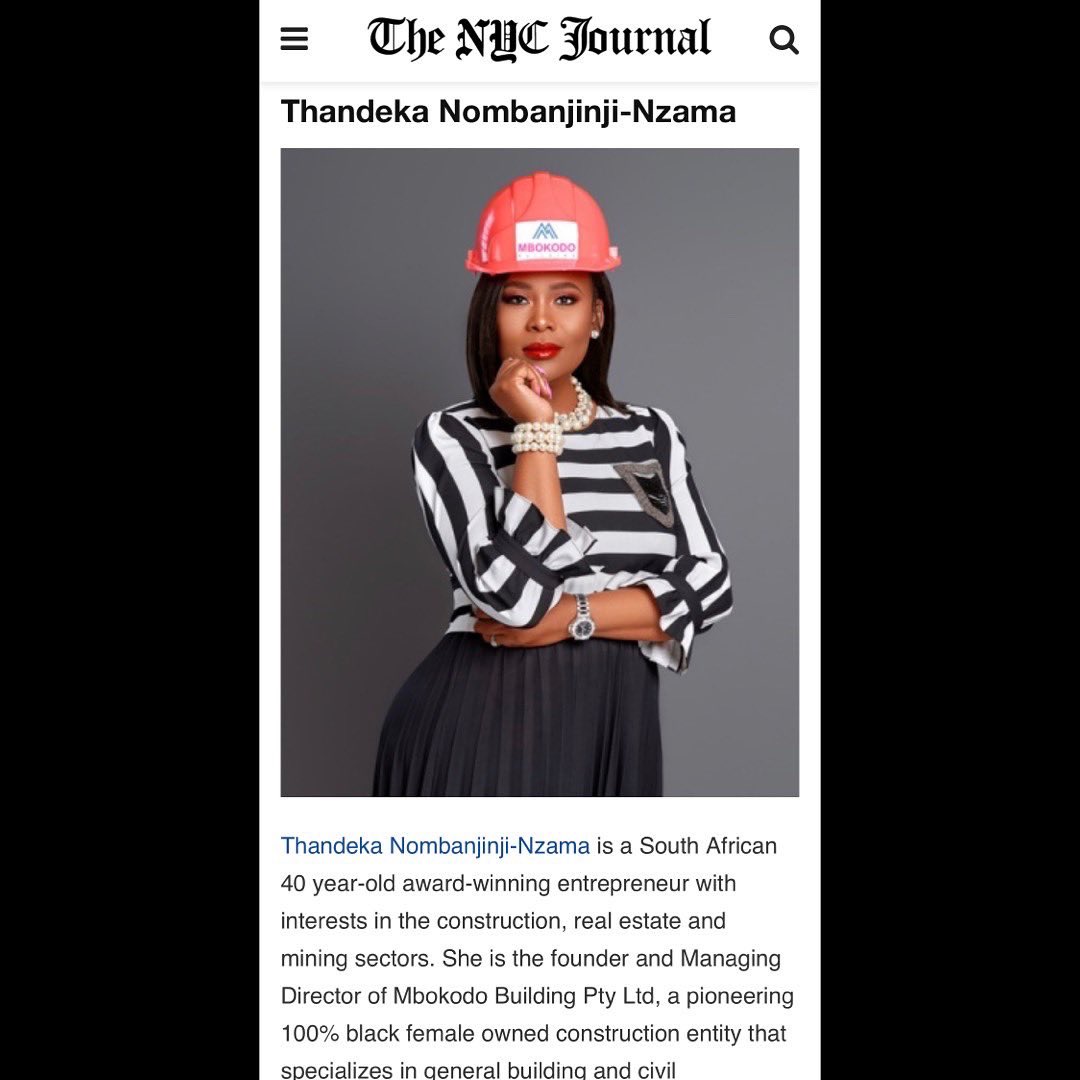 ThandekaNomban's tweet photo. So excited to be featured on the @TheNYCJournal as the top 30 women leaders to look out for in 2022. You may read more by going to https://t.co/fiUO4As58r #womaninconstruction #womaninproperty  #womaninbusiness #nycjournal #newyorkcityjournal #top30womenleaders https://t.co/uhf2nhPGnS