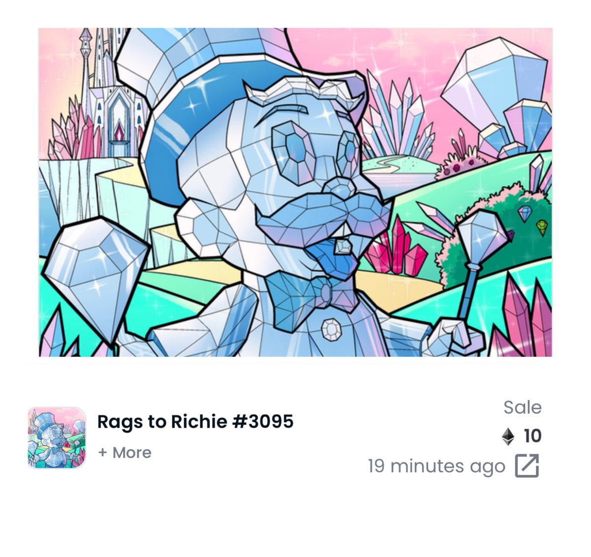 Congrats to <a href="/Andrewjoo7/">joo.eth</a> acquiring <a href="/ragstorichienft/">RAGS to RICHIE by Alec Monopoly</a> LEGENDARY Diamond Richie #3095 💎 💎 💎 One of the most iconic NFTs in my collection, smart investment! Also happy for seller - 9.5 ETH profit in one week 🤯💰!