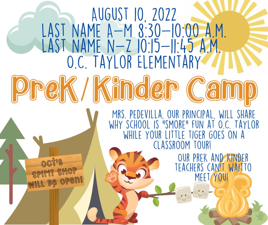 Information for Pre-K/Kinder Camp is here!! Please share these updated time slots with our incoming families. We cannot wait to meet our Tiny Tigers!