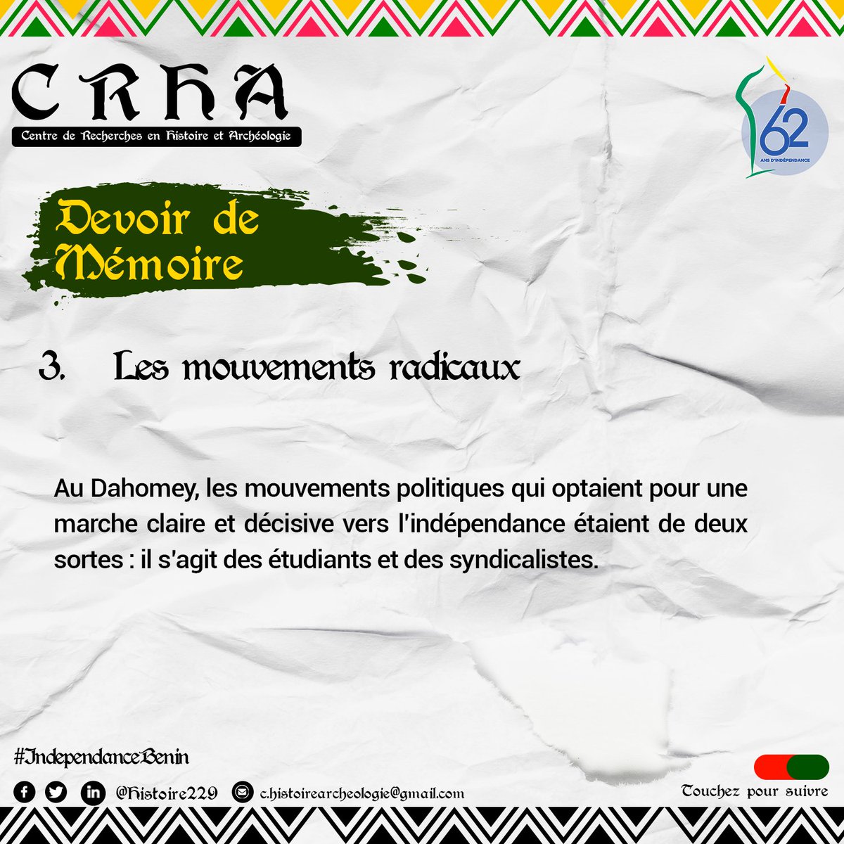 HistoireBj's tweet photo. Au #Dahomey, les mouvements politiques qui optaient pour une marche claire et décisive vers l’#indépendance étaient de deux sortes : il s’agit des #étudiants et des #syndicalistes. 

#CRHA229 #Histoire229 #wasexo #IndependanceBenin #IndependanceBJ https://t.co/4wyFSyniMZ