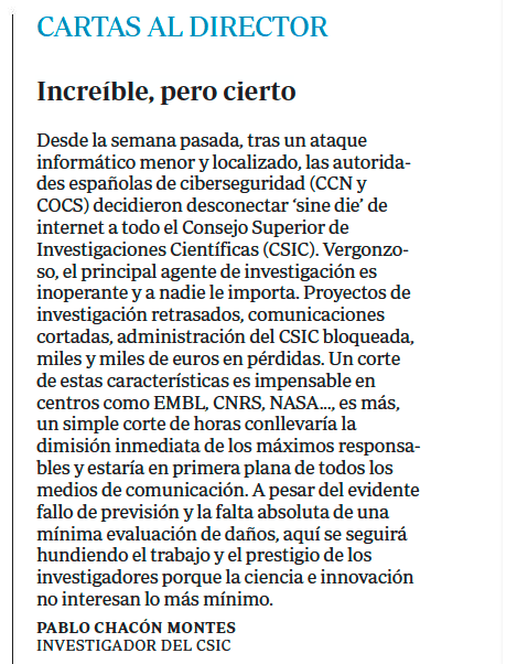 BertaGdVega's tweet photo. Esto que cuenta un investigador del CSIC en una carta al director de ABC....Tela. https://t.co/2ZcbTPzoD3