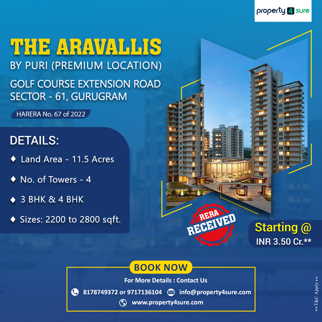 Property4Sure's tweet photo. Booking Starts Now! 

The Aravallis By Puri, Sector 61, Gurugram. 3/4 BHK Ultra Luxury Apartments. Size: 2200 Sqft. to 2800 Sqft. Starting Price @3.5 Cr**

Call Property4Sure @8178749372 / @8802291111
https://t.co/fGDpMc2S57
#realestate #thearavallis #PURIConstructions 
#Gurgaon https://t.co/SGnceJ3ONa