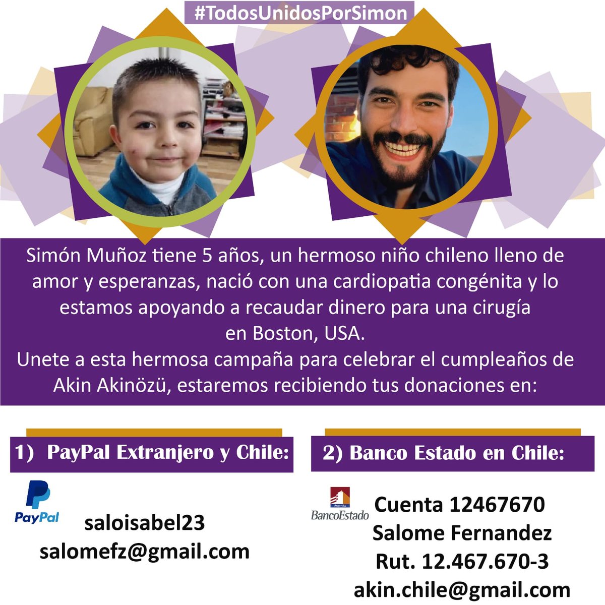 Hoy más que nunca Simón nos necesita pongamos nuestro granito de apoyo antes de que sea demasiado tarde y donemos lo que está en nuestras posibilidades Simón es un nene que desea vivir apoyemos a que suceda el milagro 🙏🙏🙏
#TodosUnidosPorSimon