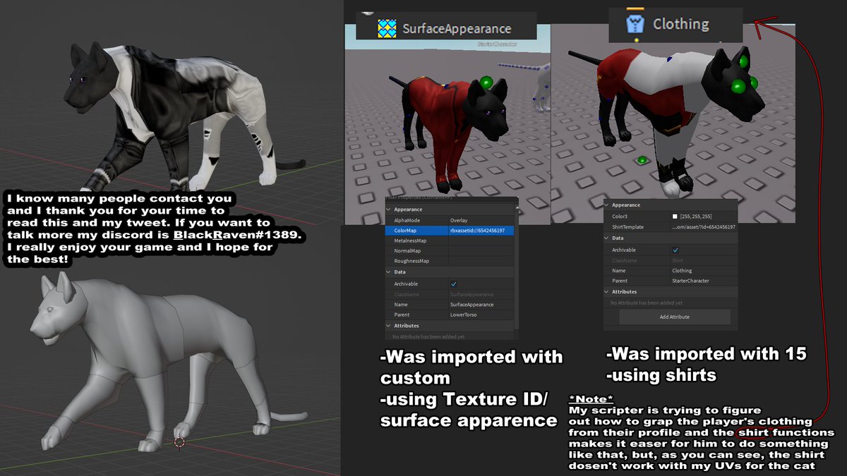 BlackRaven711's tweet photo. @SocksRBLX Im currently trying to make a game similar to your's, but with a panther instead. I was curious how you were able to fetch the avatar clothes onto your custom character. Also, did you use the shirt and pants function that players use or you used a surface texture instead? https://t.co/WBBSbMj4NL