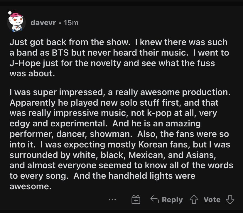 btsintime's tweet photo. “Recién vuelvo del show. Sabia que hay una banda llamada BTS pero nunca escuche su música. Fui a ver a J-Hope para saber sobre que era toda esa locura. Me impresioné, una producción asombrosa. Aparentemente tocó proyectos solitarios primero y fue música impresionante, no k-pop+ https://t.co/fpAseJsxIZ