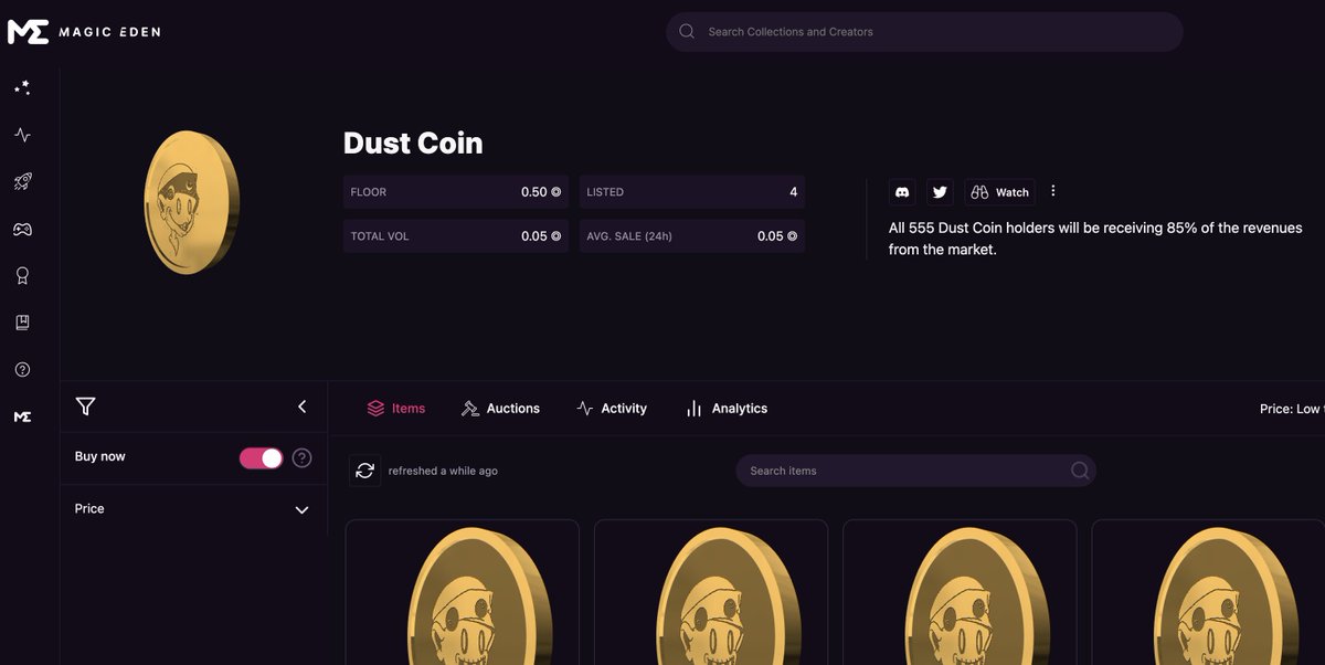 _DustBoy's tweet photo. 🔔Update News🔔
$DustCoin are officially listed on @MagicEden .  

LFG!! Dust Boys !!👁‍🗨
https://t.co/FocCJRmAAZ

Dust Coin mint link:
https://t.co/vF0RCk63mh

#MagicEden #NFT #NFTs #NFTGiveaway #NFTGiveaways #mintingnow #SolanaNFT #Solana #SOL https://t.co/QwV7IT5evz