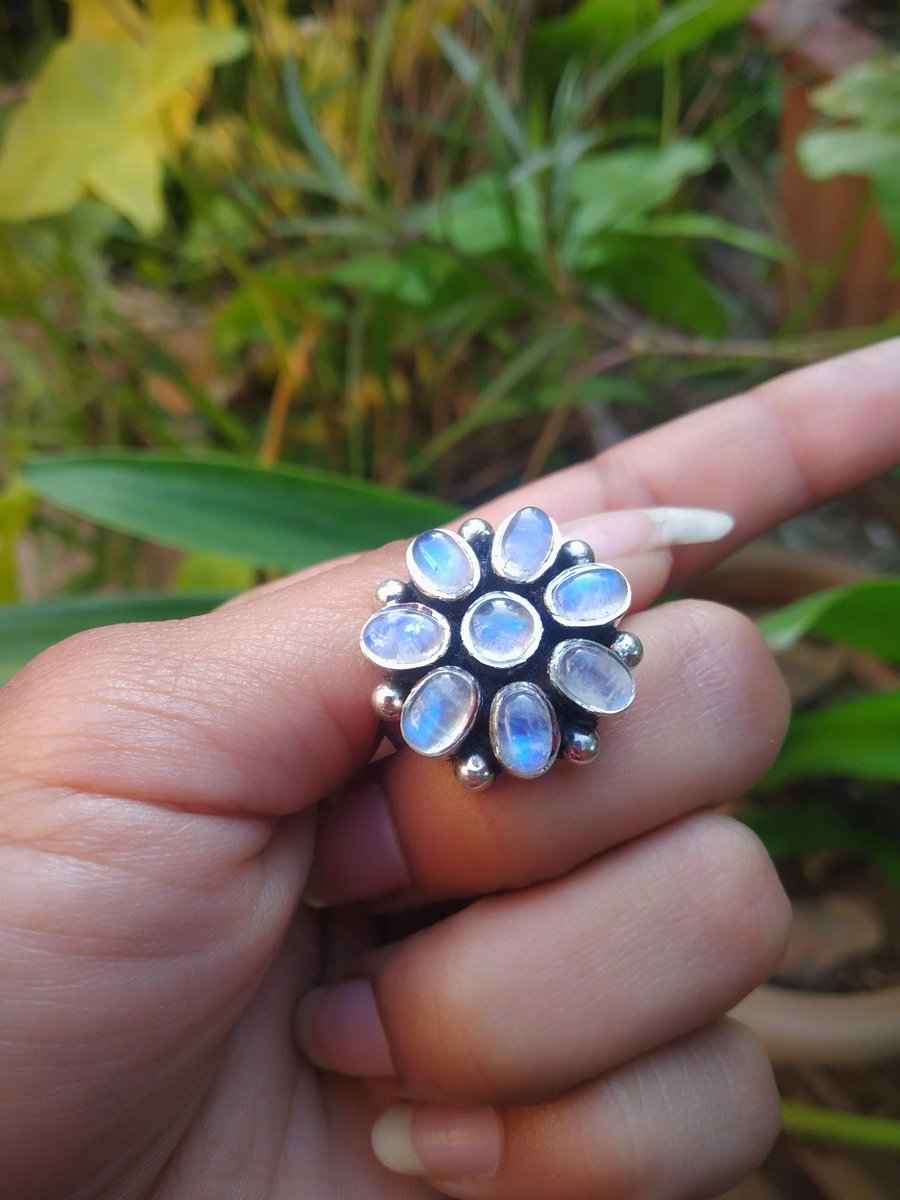 Moonstone Ring, Sterling Silver Chunky Flower Shape Moonstone 

 etsy.me/3zeJYsM 

#moonstonering #moonstonejewelry #multistonering #junebirthstone #bohojewelry #gemstonering #chunkyring #flowerdesignring #blueflashmoonstonering #elegantring #metalsmith #etsy