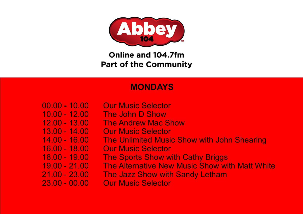 Start your new week by tuning into your favourite community radio station Abbey104.
Join our marvellous Monday team of volunteer presenters, who would love to have your company.
Broadcasting locally every single day of the year, from Sherborne.
Online abbey104.com👈