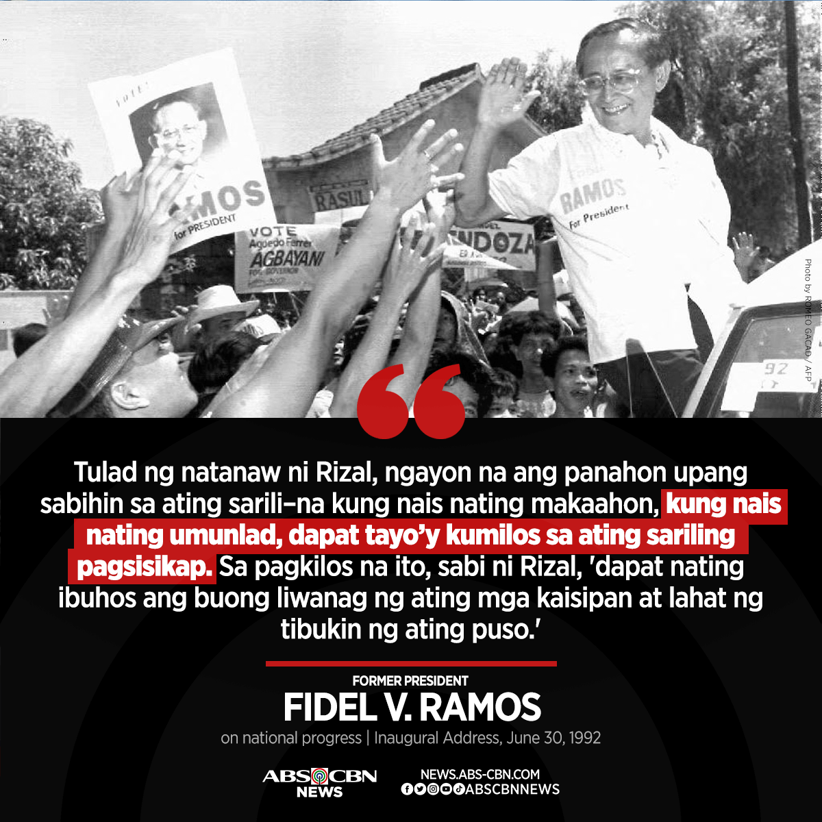 ABSCBNNews's tweet photo. Quoting Jose Rizal in his 1992 SONA, former president Fidel V. Ramos said Filipinos must strive and act on one's own efforts to help the nation to progress.

Related story: https://t.co/Bm1vsKwTJp https://t.co/jYphWW3M8Z