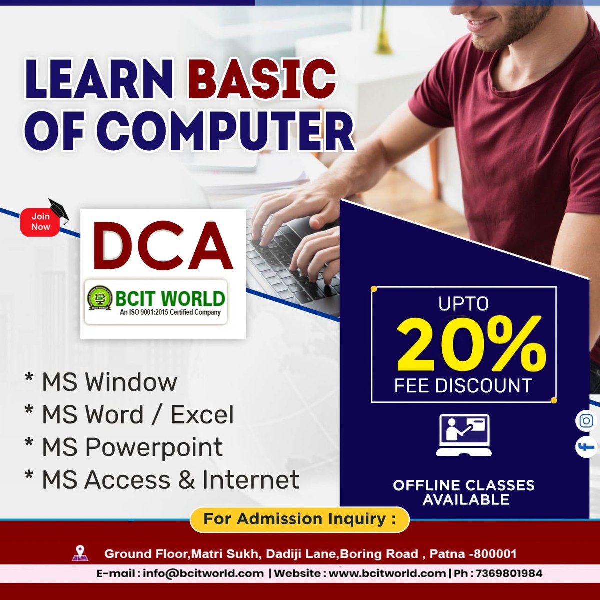bcitworldpatna's tweet photo. Learn Diploma in Computer Application (DCA) from the Sr. Data Analyst experts at the BCIT WORLD at the best discounts!🎯 Enroll Today and Get Free Demo Class just call now at +91-9973853381,7369801984
#bcitworld #bcitworldpatna #dca #DCACourse #dcatraining  #DiplomaInComputer https://t.co/PgEc0Pi6jN