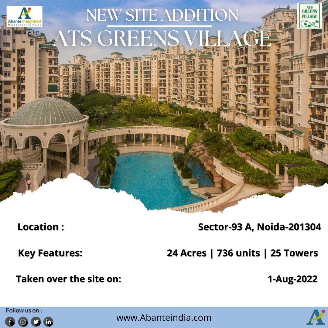 Abanteindia's tweet photo. New Site Addition - ATS GREENS VILLAGE | NOIDA
.

.

#abanteindia #abanteintegrated #facilitymanagement #ATSVILLAGE #noida #assetmanagement #managementservices https://t.co/Tv1sLS33BC