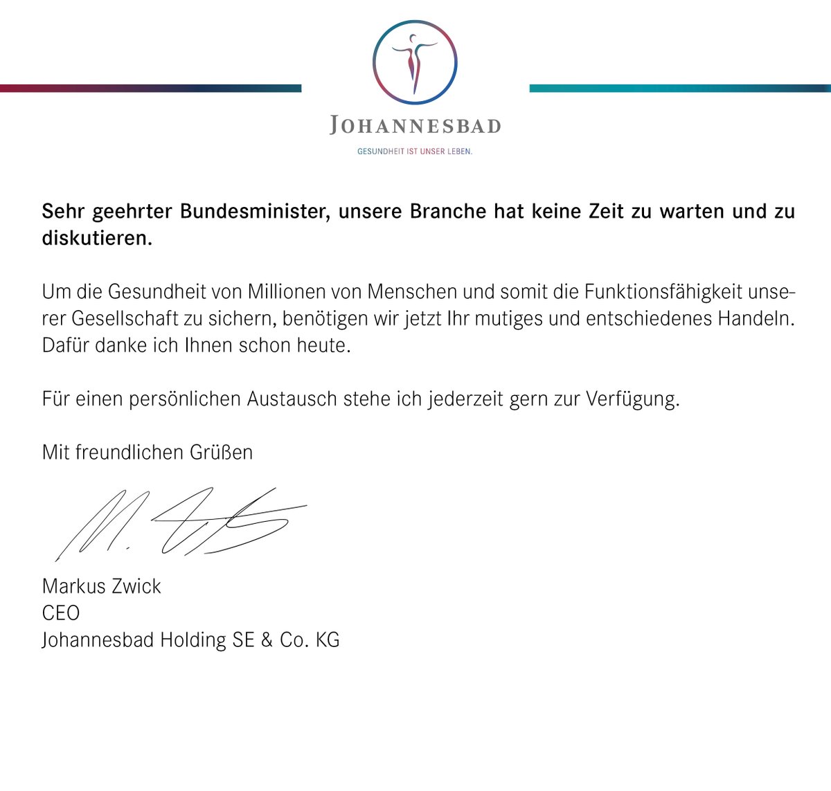 Johannesbad's tweet photo. Immer mehr der rund 1.100 Reha- und Vorsorgekliniken in Deutschland kämpfen zunehmend ums Überleben. "Nicht reden! Machen!“ - fordert Johannesbad CEO Markus Zwick in einem offenen Brief an Bundesminister Karl Lauterbach @Karl_Lauterbach @dpa @sz @zdf @ard #Medizinbrennt https://t.co/MXrpmoYGQb