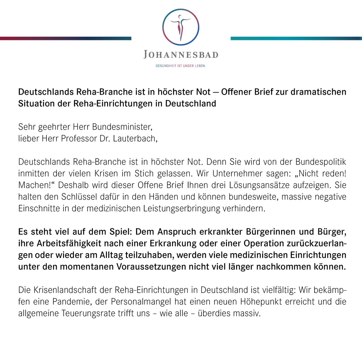 Johannesbad's tweet photo. Immer mehr der rund 1.100 Reha- und Vorsorgekliniken in Deutschland kämpfen zunehmend ums Überleben. "Nicht reden! Machen!“ - fordert Johannesbad CEO Markus Zwick in einem offenen Brief an Bundesminister Karl Lauterbach @Karl_Lauterbach @dpa @sz @zdf @ard #Medizinbrennt https://t.co/MXrpmoYGQb