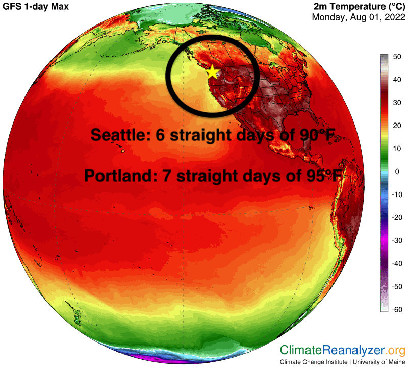 Seattle just recorded 6 straight days of 90°F+ for the first time ever.

Portland just recorded 7 straight days of 95°F+ for the first time ever.

One of the hottest weeks in recorded history for the Pacific Northwest.