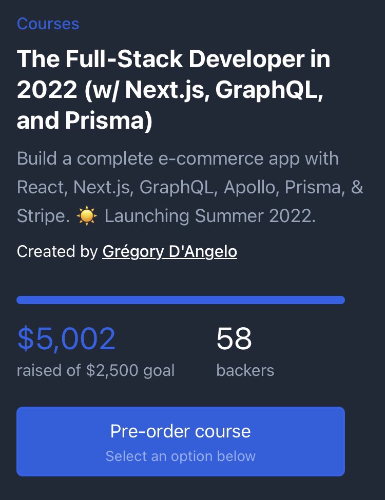 gdangel0's tweet photo. Got a few more students this weekend for "The Full-Stack Developer in 2022 (w/ @nextjs, @GraphQL, and @prisma)" 🥳

We reached +200% of the funding goal 🚀 https://t.co/H3224Wkxkt