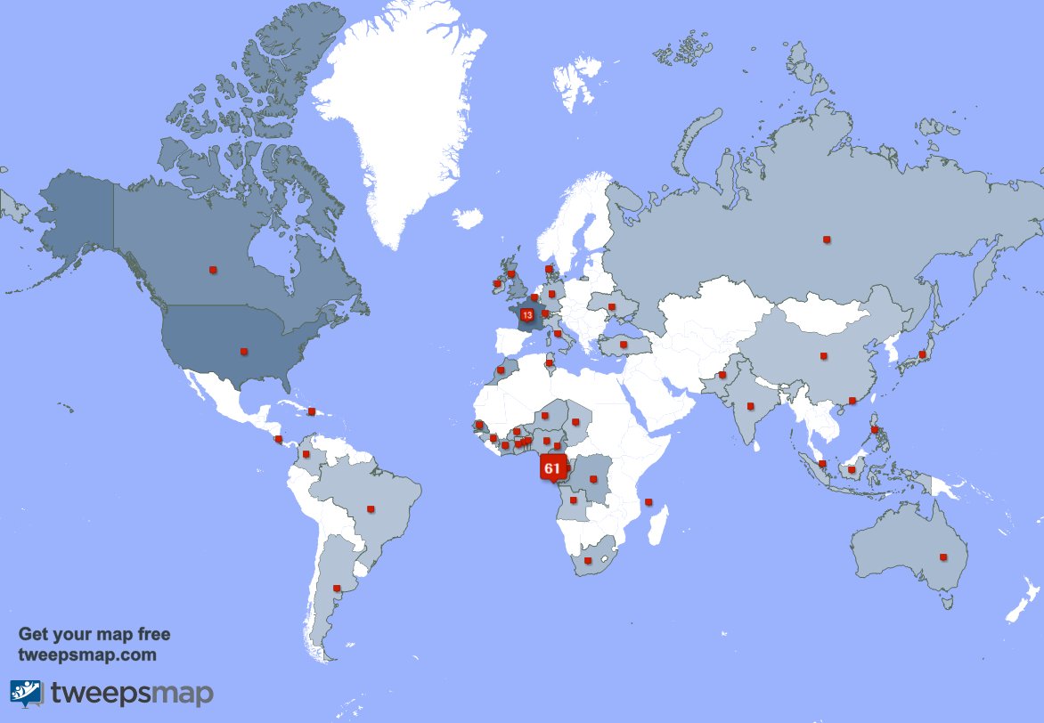 Selon tweepsmap.com/!obb241 Mes abonnés vivent en: Gabon(62%),France(13%),États-Unis(6%)
