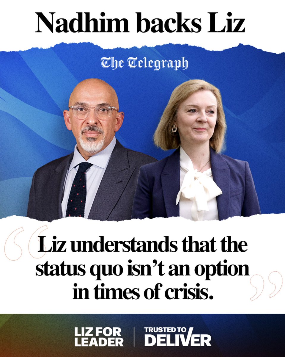 ✅ @NadhimZahawi endorses #LizForLeader 💬 'Liz will overturn stale economic orthodoxy and run our economy in a Conservative way.' Read more: telegraph.co.uk/politics/2022/…