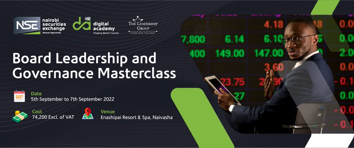 leadershipgrpke's tweet photo. The Board Governance &amp; Leadership Masterclass is back!
When: 5th-7th September
Where: Enashipai Hotel &amp; Spa, Naivasha
Investment: 74,200+VAT
See brochure below for details of the facilitators and topics to be covered. email kelly@leadershipgroup.co.ke/call 0202313240 to register https://t.co/LtEGl5a3dl