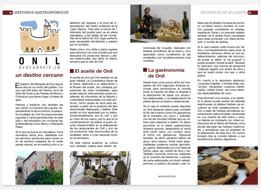 OnilDiari's tweet photo. #Onil en la guía de Destinacions Gastronòmiques de la Província d'Alacant (3ª edició), pàgines 44 i 45.
@OnilTurismo @costablancaorg  @dipuAlicante @AytoOnil @AlicanteGastro #gastronomia #turisme #DescobreixOnil #Onilbressoldelesnines https://t.co/xHGe7VEeWu