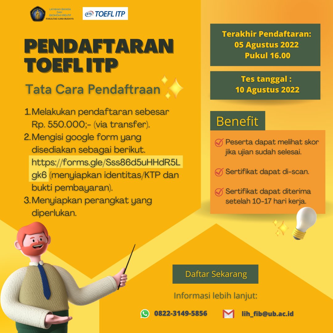 LBEKRAF's tweet photo. Halo, Fellas 🙌😄
Saat ini, LBEKRAF FIB UB membuka kembali Tes TOEFL ITP, nih. Tes TOEFL ITP ini dibuka untuk umum yaa. Banyak benefit yang akan didapatkan, loh. Jadi tunggu apalagi? Yuk, daftar sekarang!
Berikut informasi pendaftarannya:
#toefl #toeflitp #testoefl https://t.co/ybJMC0iak2