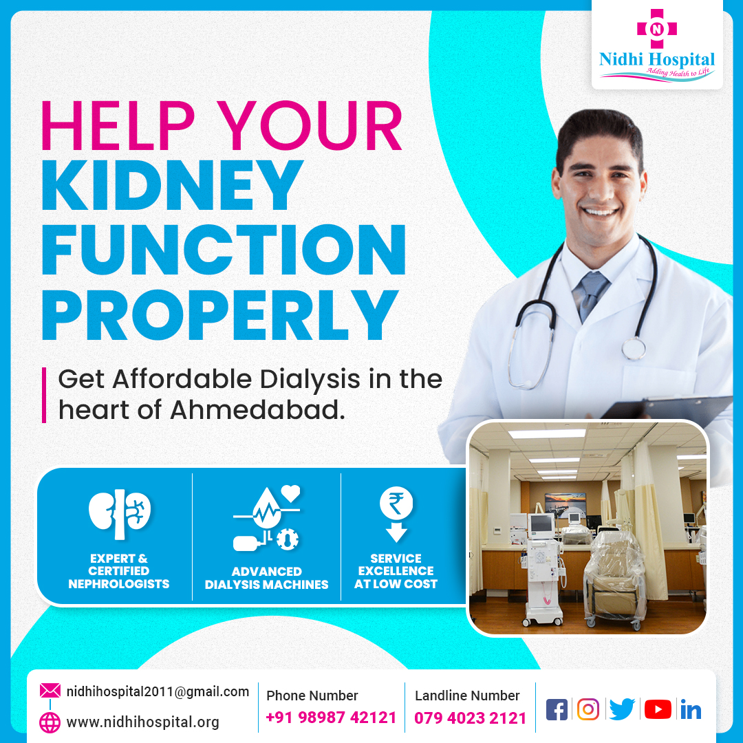 #Dialysis is a procedure to remove waste products and excess fluid from the blood when the kidneys stop working properly. Now you can get this treatment from experts at affordable rates. 

Call us at 079-40232121 or +91 9898742121 for any query.

#NidhiHospital #DrSunilPopat