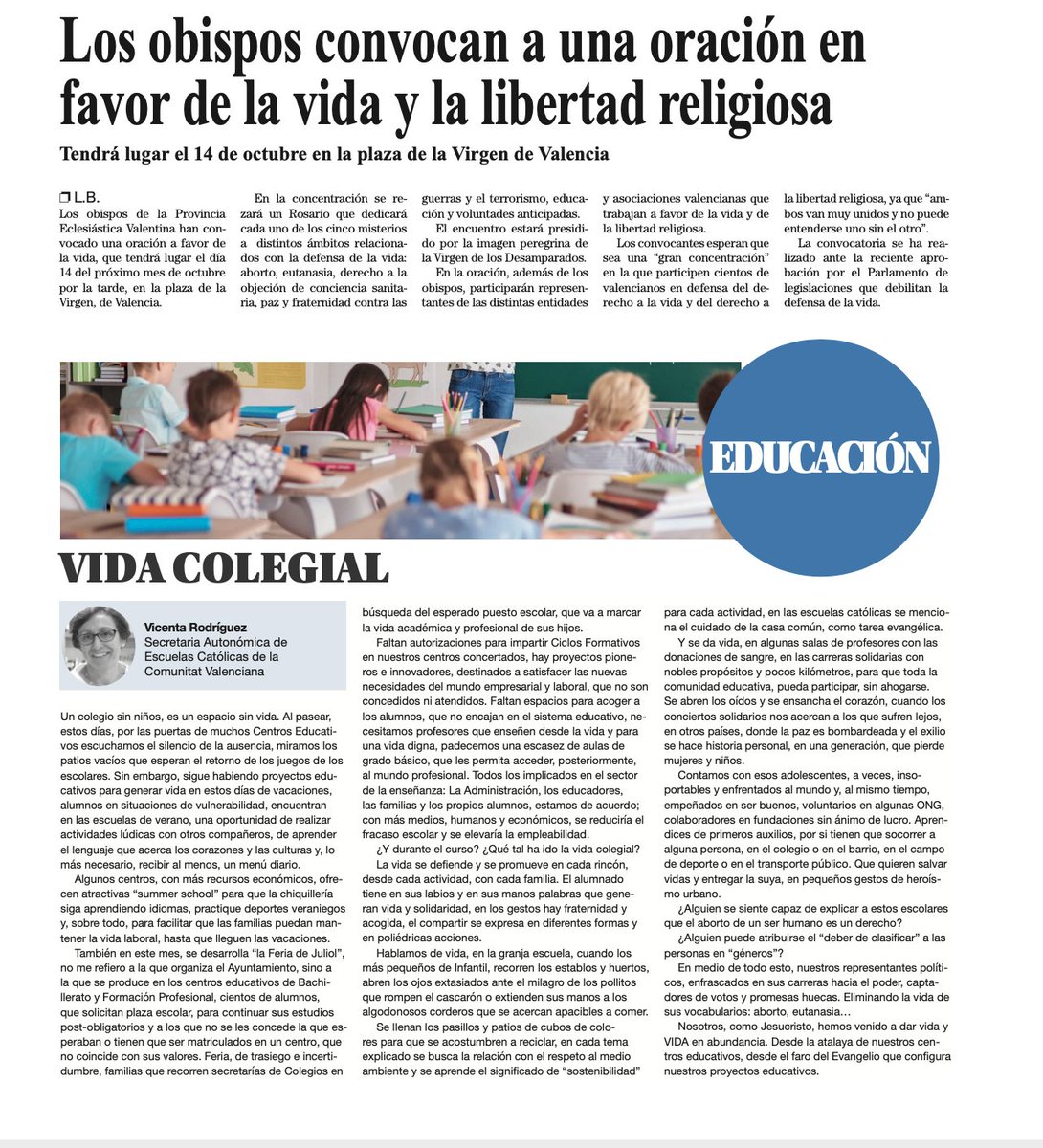 En <a href="/paraula/">Paraula</a> nuestra secretaria autonómica ofrece una visión particular sobre la vida colegial.
"Un espacio sin niños es un espacio sin vida" <a href="/viroyo60/">Vicenta Rodriguez</a>  <a href="/escacv/">EscuelasCatolicasCV</a>