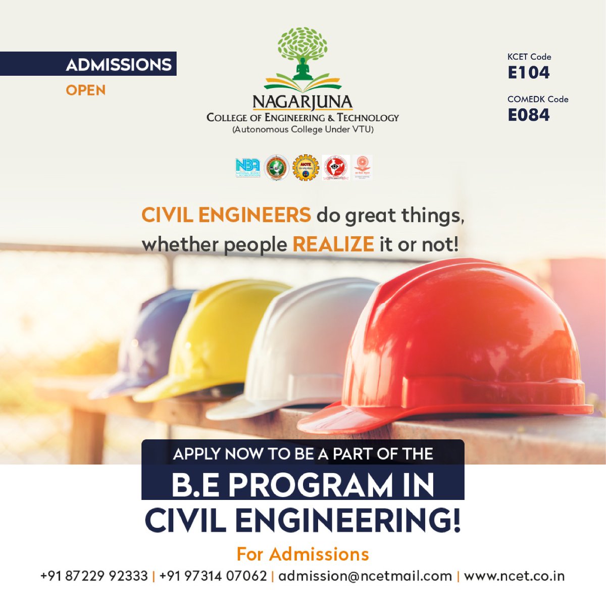 ncet_official's tweet photo. Create quality lifestyles and build stronger communities with Civil Engineering Program at NCET.
Admissions Open!! https://t.co/fwkFWmZZIp