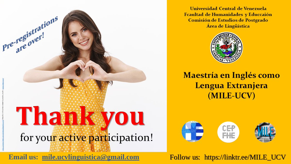 Thank you all for your active participation in the pre-registration process! It has been awesome! We will be contacting you for the evaluation phase as soon as we restart activities in September. Happy vacations! 
#UCV #MILE #English #teachers #masters #program #preregistrations