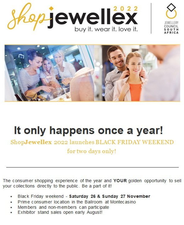 TheJCSA's tweet photo. A WEEKEND OF RETAIL WOWNESS - WATCH THIS SPACE!
Boost your bottom line in two days
Get face-to-face with a huge retail market
Sell to excited and motivated consumers

Interested in exhibiting?

Contact: jewellex@jewellery.org.za

Tel: +27 (0)11 484-5528 https://t.co/vlTMOKGhNl