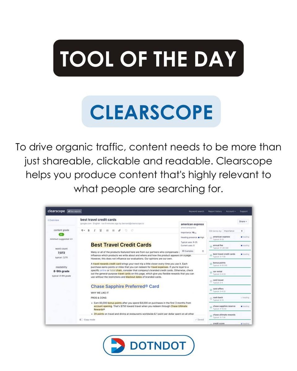 dotndot's tweet photo. Let's see the tool of the day
#clearscope #contentcreation #tool #contentoptimization #contentoptimizationtips
#socialmediamarketing #socialmedia https://t.co/316WVsherf