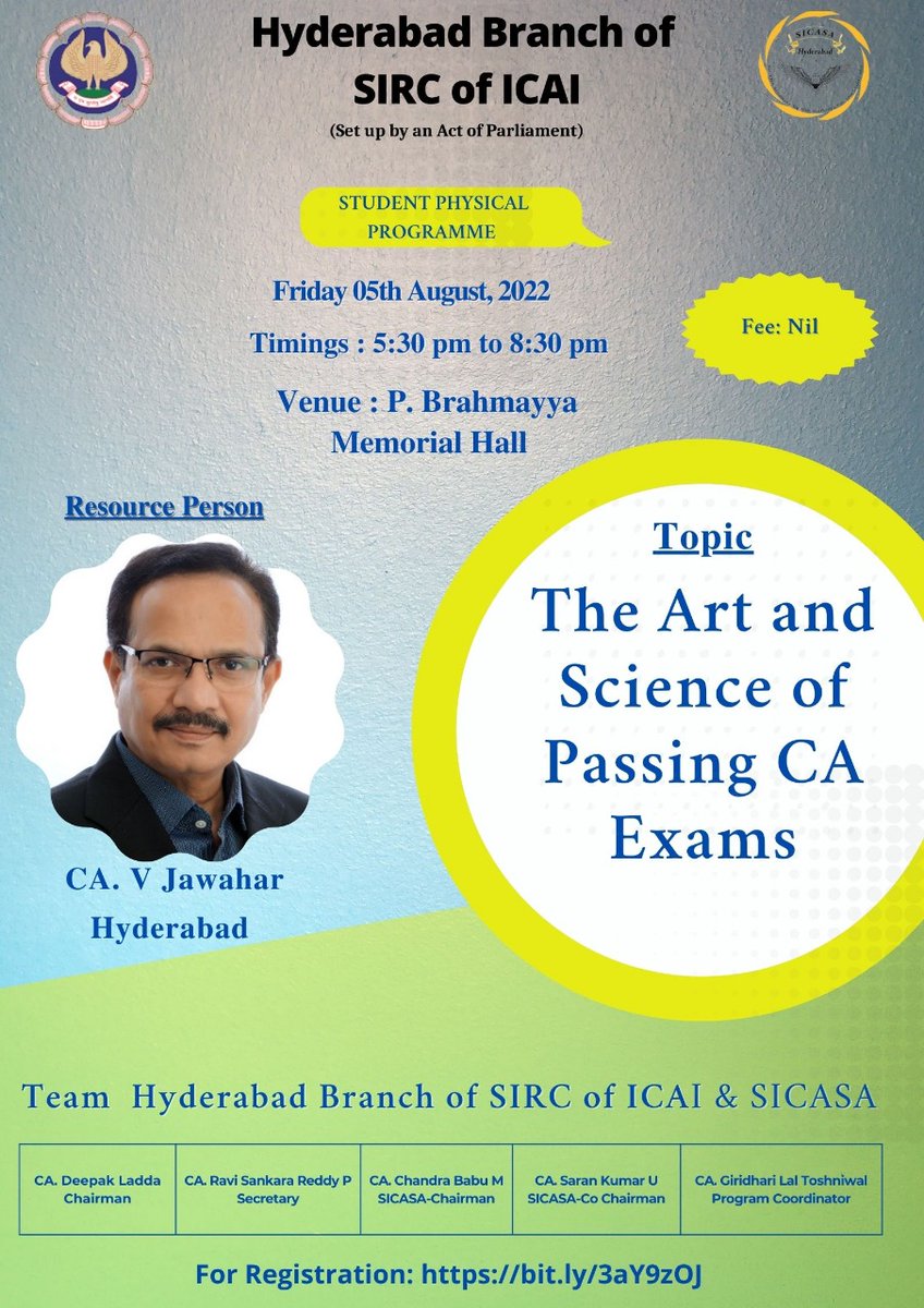 SICASAhyd's tweet photo. Dear Student,
Hyd Br is organizing an physical seminar on "The Art and Science of passing CA exam" on 5.08.22 at 5.30PM. Fee: Nil. by CA. V Jawahar
Reg:https://t.co/F17GiKvhEh
SICASA-Hyd https://t.co/FO8BPeB92c