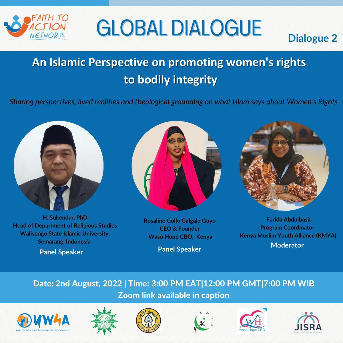 We will be hosting the 2nd dialogue on women’s rights in Islam, focusing on "Promoting women's rights to bodily integrity."
Date: 02/08/2022
Time: 3:00-5:00 pm EAT|12:00 PM GMT|7:00 PM WIB
Register here: us06web.zoom.us/webinar/regist…
#WomensRights #YW4A #JISRA