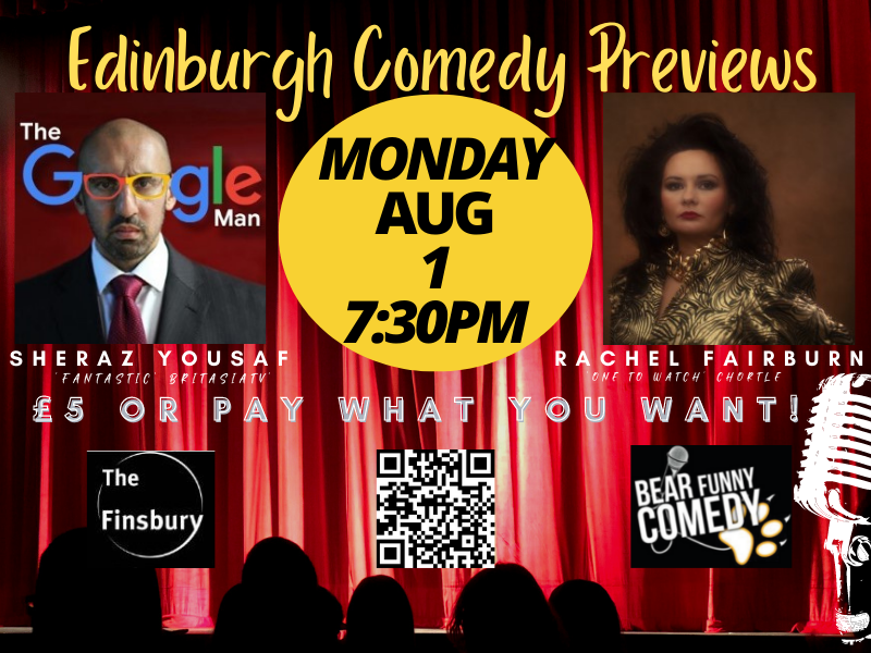 BearFunnyComedy's tweet photo. All Killa No Filla podcast Star Rachel Fairburn + The Google Man Sheraz Yousaf in TONIGHT's final show of our EdFringe preview summer - https://t.co/C9HPbBVhKb https://t.co/vQl8Exka7s