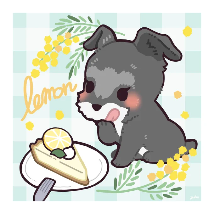 個人様よりご依頼いただき、愛犬さんの似顔絵を描かせていただきましたわんちゃんのお名前にちなんでレモンのケーキを描きこんでいますご依頼ありがとうございました!#ヤシンのおしごと紹介 