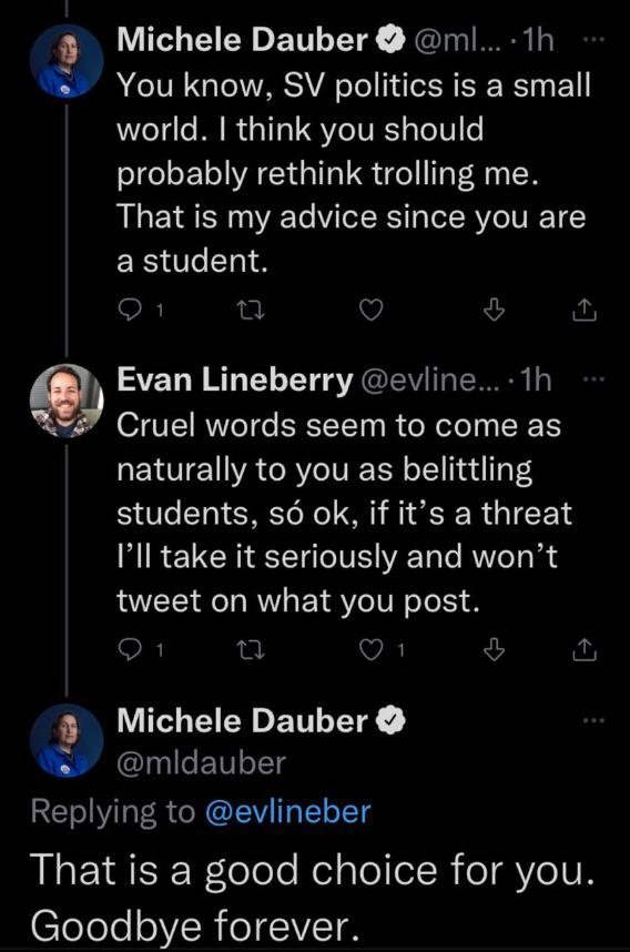 Can I just take a moment to highlight the depravity of this absolute misandrist. This "woman" not only blocks anyone who challenges her opinions, but also threatens students who question her too. ABSOLUTE TRASH #MicheleDauber #JohnnyDepp #JohnnyDeppWon #AmberHeardIsALiar https://t.co/p2jUupwcC5