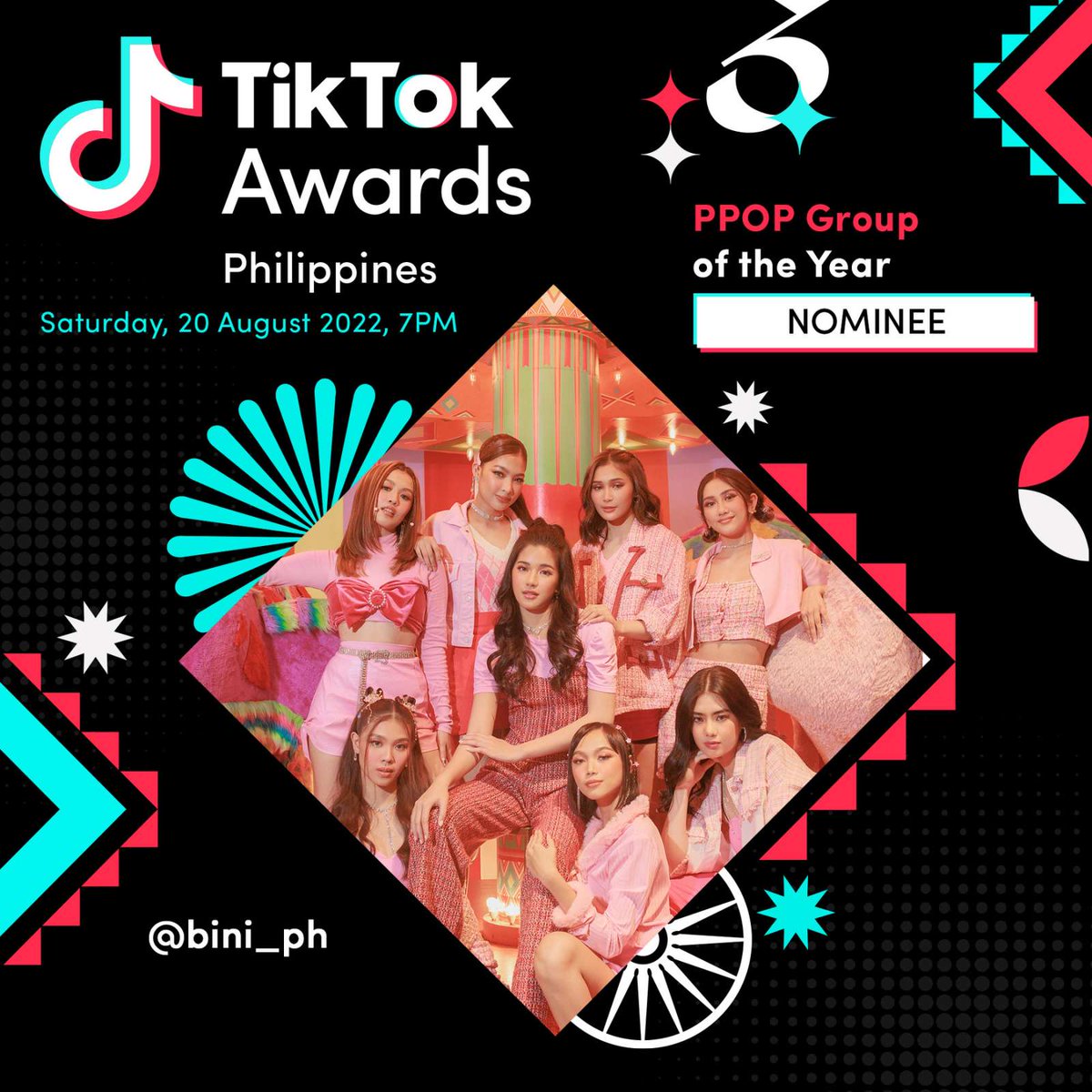#BINI : Hey BL♾M! Nominated po tayo sa #TikTokAwardsPH2022 for the "P-Pop Group of the Year" Award. 

You can help us win by voting via Tiktok app or thru the link below, between Aug.1-12 only! 
🗝 bit.ly/3zoGPGK 

Thank you <a href="/TikTokPH/">TikTok Philippines</a> and BL♾M for your undying support!