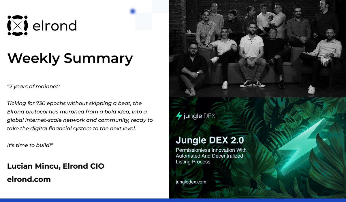 Last week in $EGLD 🌏
 
1/
📺 2 Years of Elrond - The Story
🌴 <a href="/JungleDEX/">Jungle DEX</a> permissionless listings
🔐 <a href="/ngrave_official/">NGRAVE</a> HW wallet integration
💹 <a href="/CantinaRoyale/">Cantina Royale</a> Metastaking
👨‍💻 Mainnet upgrade: elrond-go v.1.3.36.0
🛠  Weekly #elrondtech