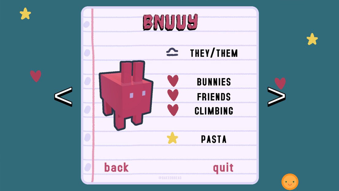 bakedbreado's tweet photo. did you know I put this bunny as an easter egg in every game? this character bio is actually ME! #dogaycrime
>>> https://t.co/51Z2UGGTSA <<<
#transrepjam #nonbinaryjam #transjoyjam #transgaljam #queerdev #LQBT #gamejam #indiedev #indiegamedev https://t.co/jYYEnwOp1Z