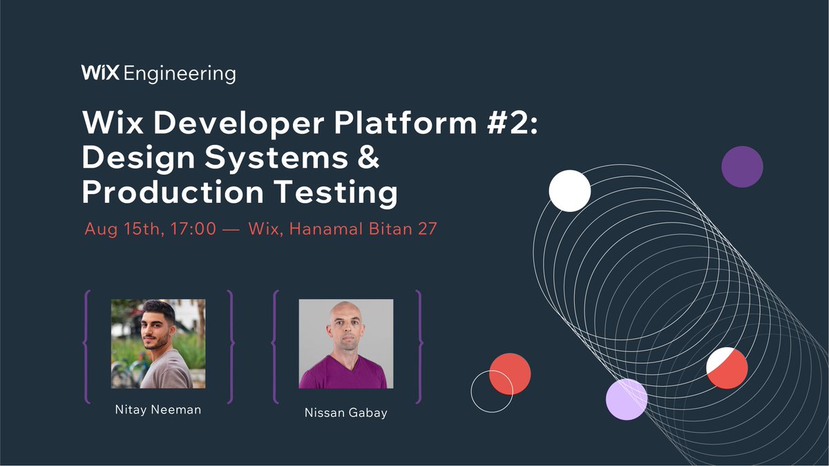 WixEng's tweet photo. Mark your calendars - Wix Developer Platform meetup #2, with @nitayneeman and @GabayNissan, is coming soon - and this time we will focus on Design Systems and Production Testing. Check out the full agenda here:
https://t.co/8LAjOlmQGV https://t.co/7IxtcdIOH9