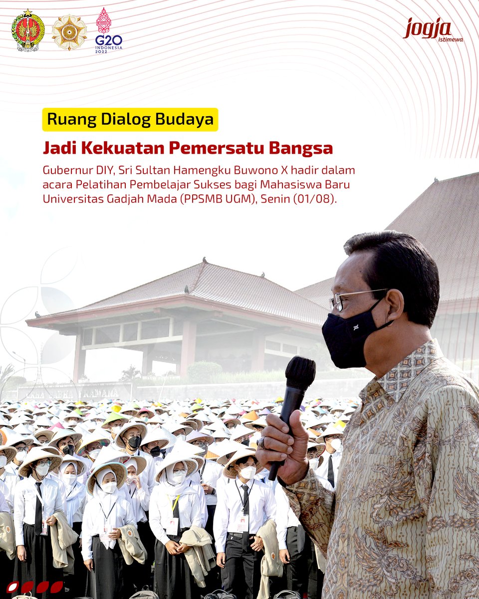 humas_jogja's tweet photo. Gubernur DIY, Sri Sultan Hamengku Buwono X hadir dalam acara Pelatihan Pembelajar Sukses bagi Mahasiswa Baru Universitas Gadjah Mada (PPSMB UGM), Senin (01/08). #GubernurDIY #SriSultanHBX #UGM #PPSMBUGM #JogjaIstimewa https://t.co/S4fdDTU0g6