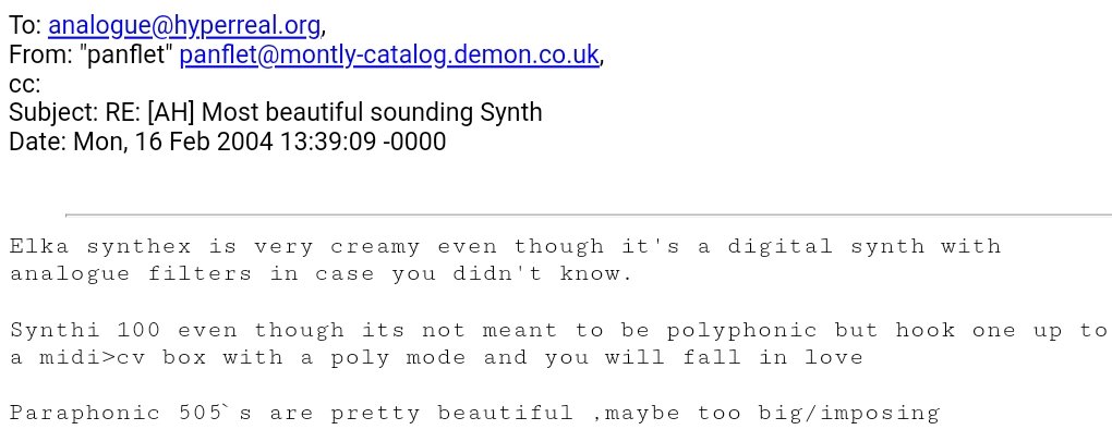 _deee_'s tweet image. To: analogue@hyperreal.org,
From: &quot;panflet&quot; panflet@montly-catalog.demon.co.uk,
cc:
Subject: RE: [AH] Most beautiful sounding Synth
Date: Mon, 16 Feb 2004 13:39:09 -0000

#ElkaSynthex
#Synthi100
#Paraphonic505