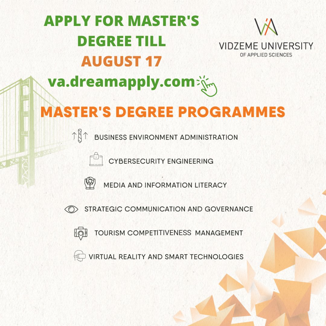 Apply for Master's Degree studies till August 17 and get an amazing study experience! 🤩

Apply here: va.dreamapply.com
More information about study programes here: va.lv/en/study-here/…
#GroundtoGrow #ViAinspires #mastersdegree  #studyhere #university #applynow #latvia