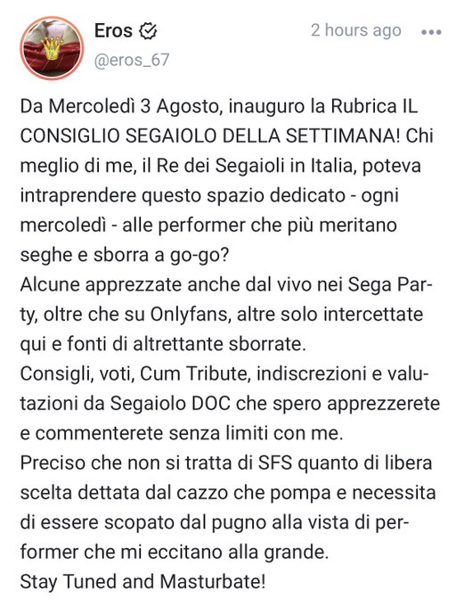 Dal 3 agosto sul mio #Onlyfans i consigli x segaioli come me! ???

#seghe #sega #SegaParty @PugnoVeloce