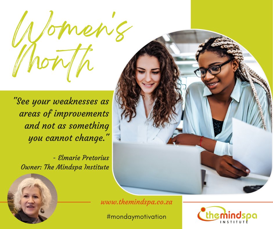 The_Mindspa's tweet photo. Welcome to Women’s Month 2022! Start your week off with a word from Elmarie Pretorius, Speaker, Trainer, Facilitator, MC, Author and Managing Owner of The Mindspa Institute.

#mondaymotivation #motivation #womensmonth22 #weaknesses  #improveyourself https://t.co/GTJ4IWRVka