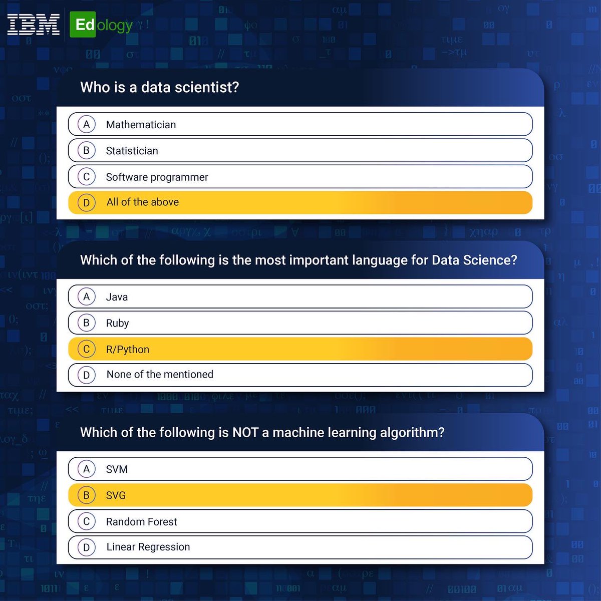 EdologyOnline's tweet image. Your wait for the answers is over!

Thank you for being a part of the IBM x Edology Workshop. Here are the right answers for the Live Challenge we posted during the session. Did not attend the session? Test your knowledge.

#Edology #GetSkilledGetHired #DataScienceQuiz #IBM